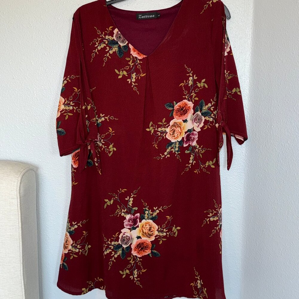 Tunic Brick Red Floral Mini Dress with Tie Sleeves